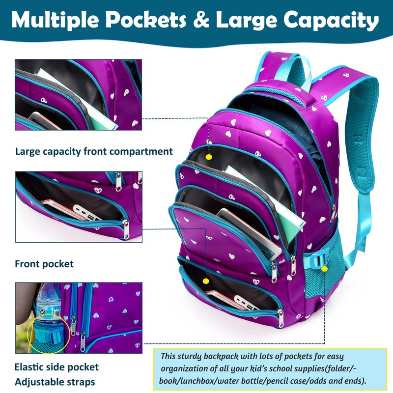 BLUEFAIRY Kids Backpack for Girls Primary Elementary School Bag Bookbag for Childs Book Bag Mochilas Escolares para NiÃƒÂ±as de 4-6 Back to School Cute Gifts 17" Heart Print/Purple - Image 4